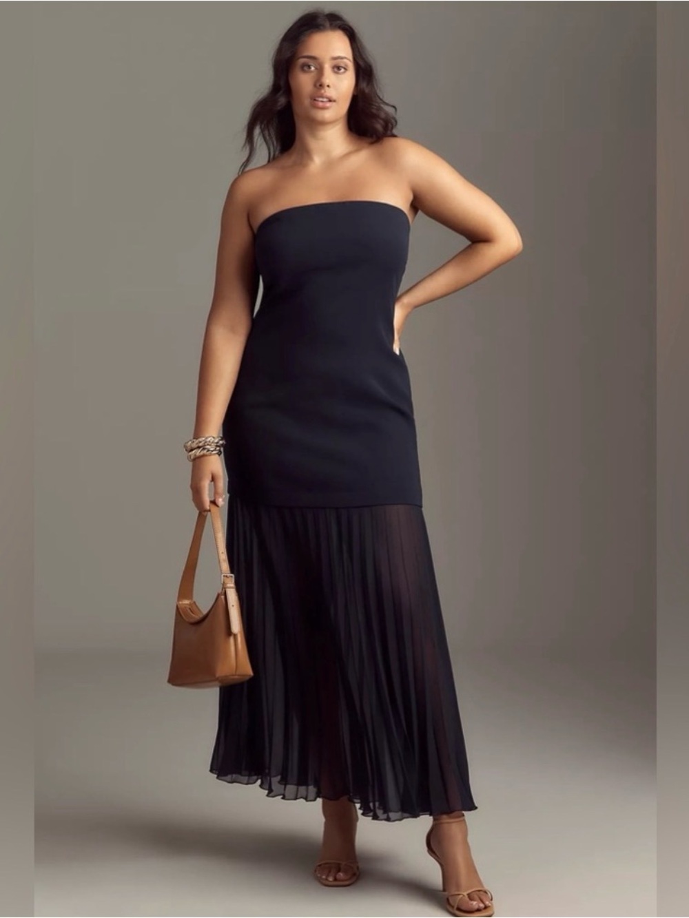 Anthropologie Strapless Twofer Pleated Midi Dress in Navy, XS